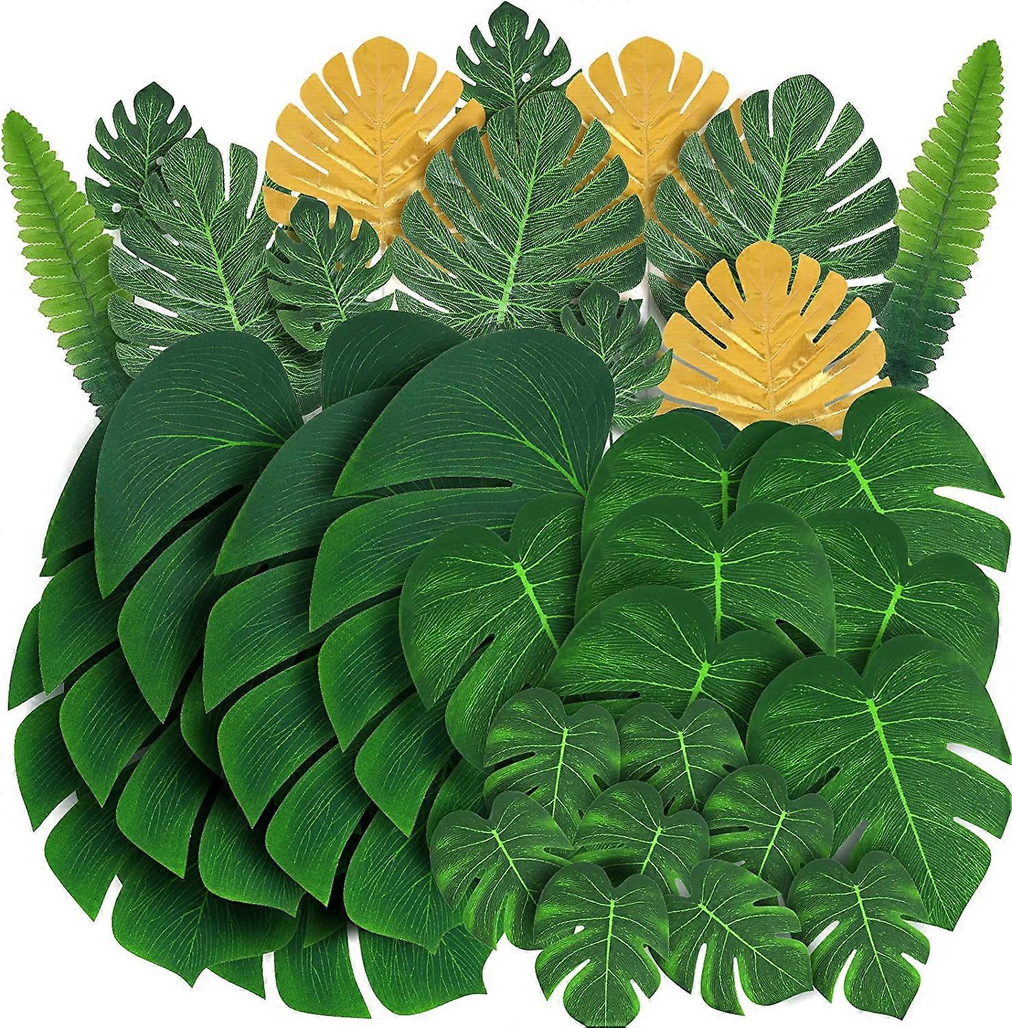 Palm Leaves Artificial Tropical Monstera-72Pcs 7 Kinds Green Gold Fake Palm Leaf with Stem for Safari Jungle Hawaiian Luau Beach Baby Shower Party Wed