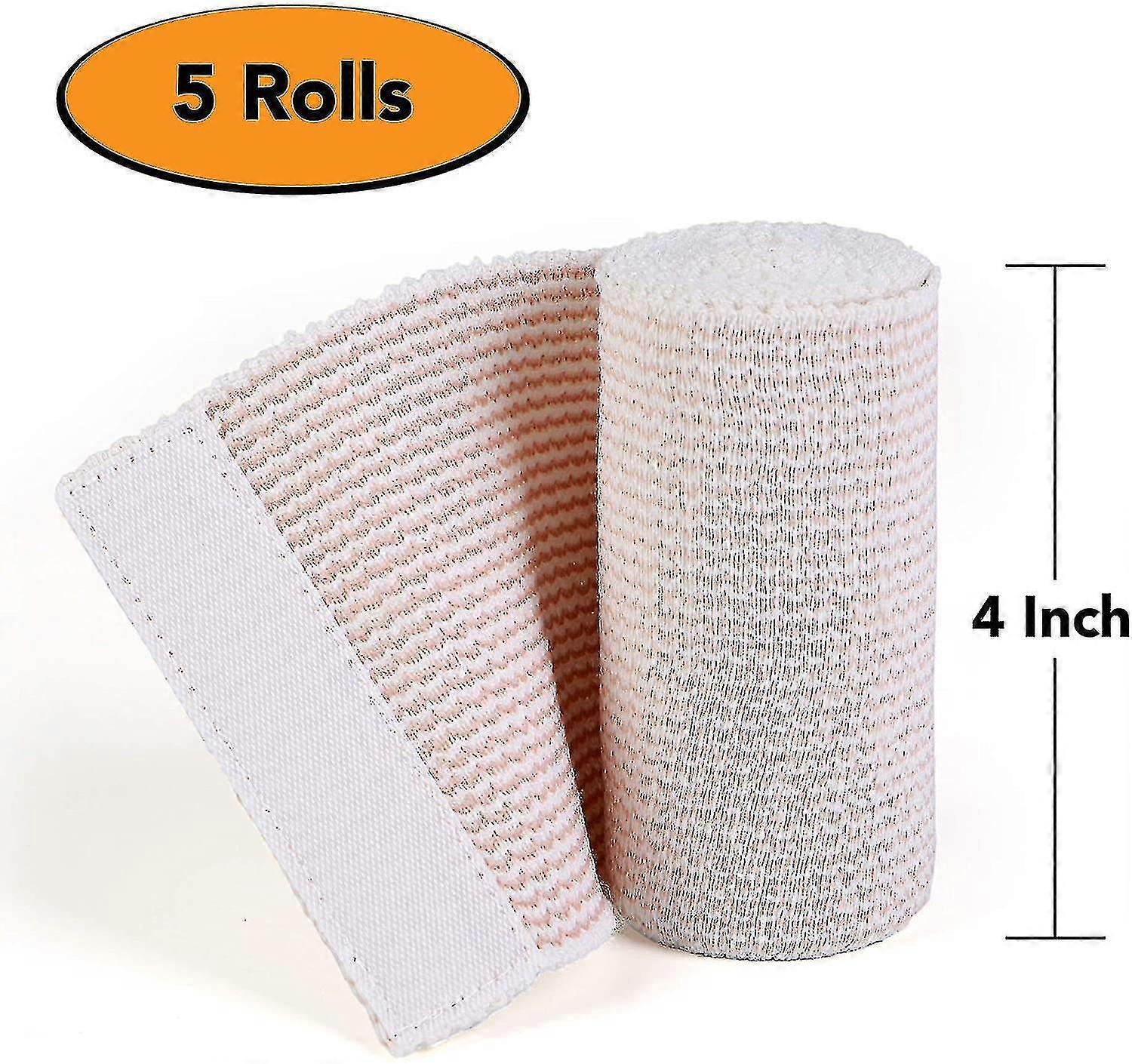 Cotton Elastic Bandage, 4" X 0.9-2 Cm Stretch Length, Hook And Loop Closure, Latex-free Compression Bandage (pack Of 5)