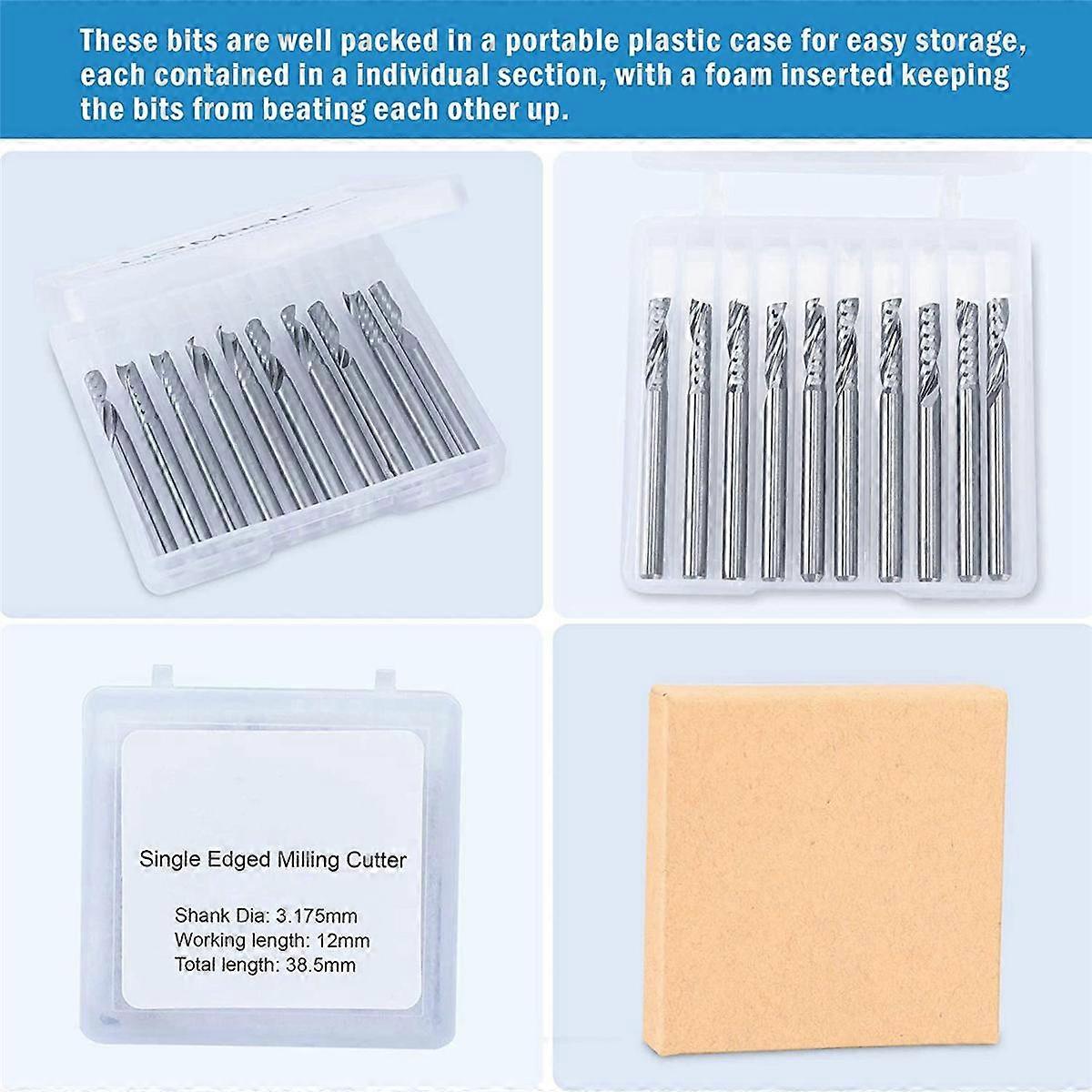 10 Pack CNC Router Bits 1/8 Inch Shank Spiral Upcut Router Bit Single Flute End Mill Set Milling Cutter Tungsten Steel Engraving Carving Tools Kit fo