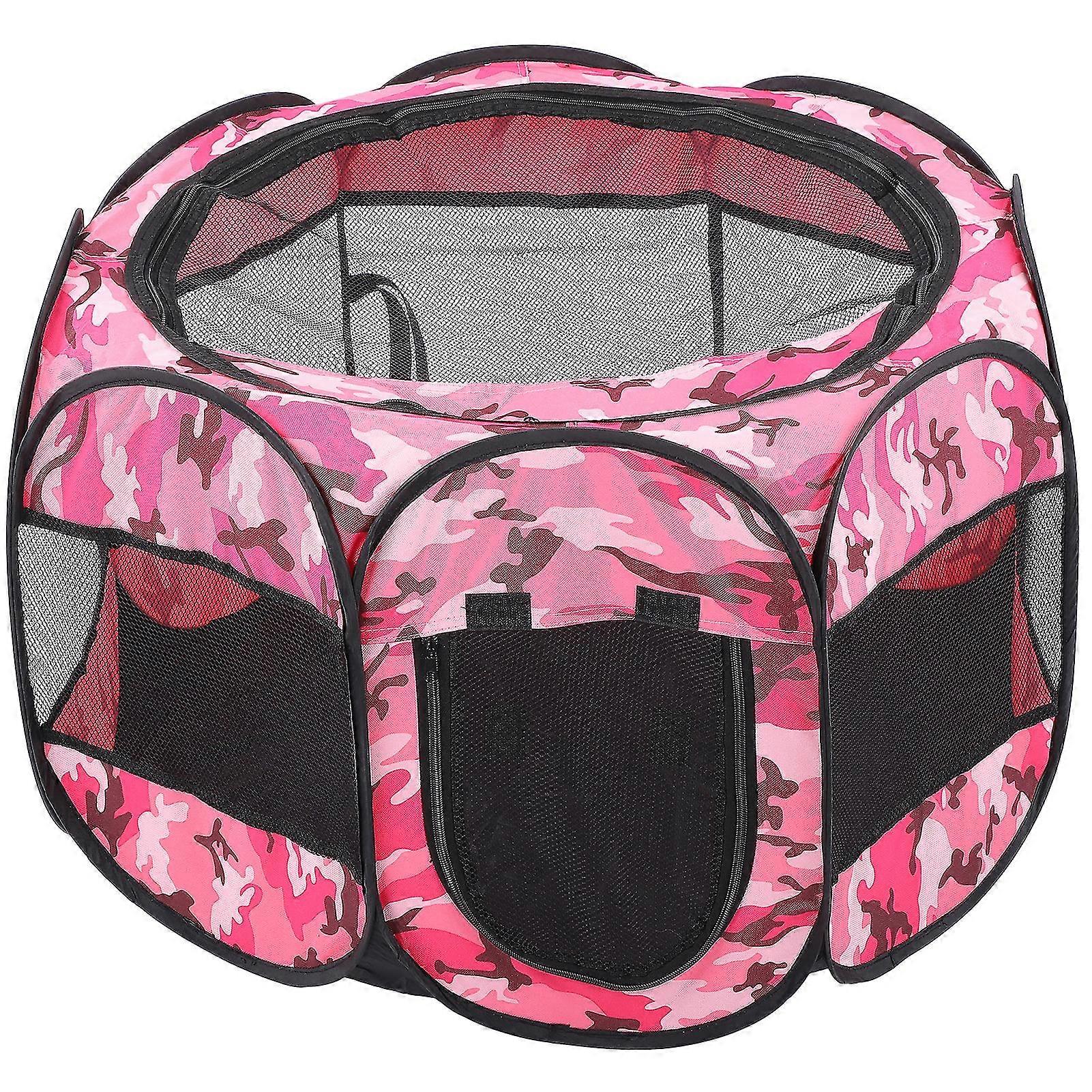 Pink Camouflage Foldable Pet Playpen - Open Air Exercise Pen Tent House Playground for Dogs and Cats