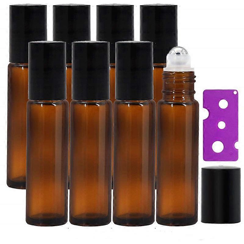 10Pcs 10ml Essential Oils Roller Bottles, Refillable Amber Glass Roll on Bottles with Stainless Steel Balls, 2pcs Opener, Perfect for Aromatherapy