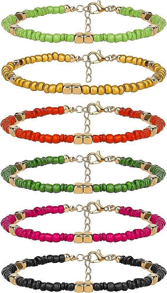 6pcs Handmade Beaded Anklets, Colorful Bohemian Glass Beads Anklets Adjustable Chain Elastic Thread Gifts