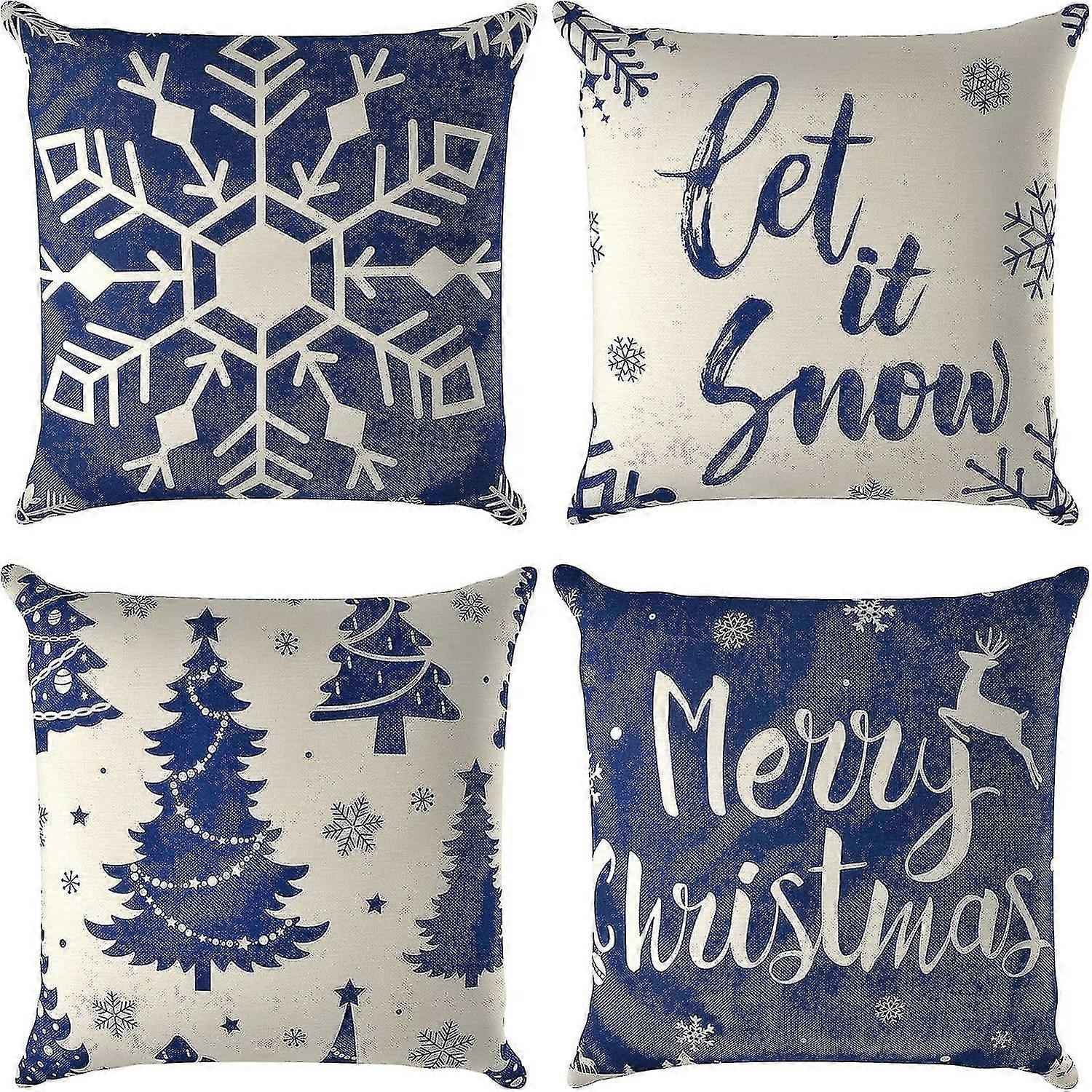 4 Piece Linen Single Sided Christmas Print Square Pillowcases (45 X 45 Cm)