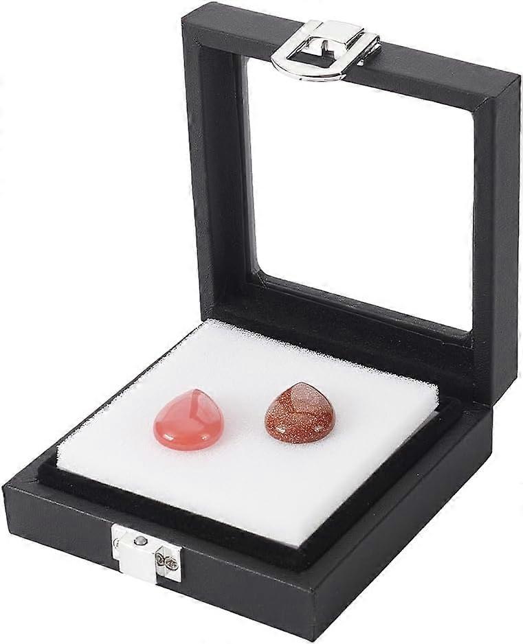 Gemstone Display Box 3.6x3.8x1.2 Inch Black Jewelry Display Box Imitation Leather Display Cases Gemstone Showcase with Clear Glass Window for Diamond