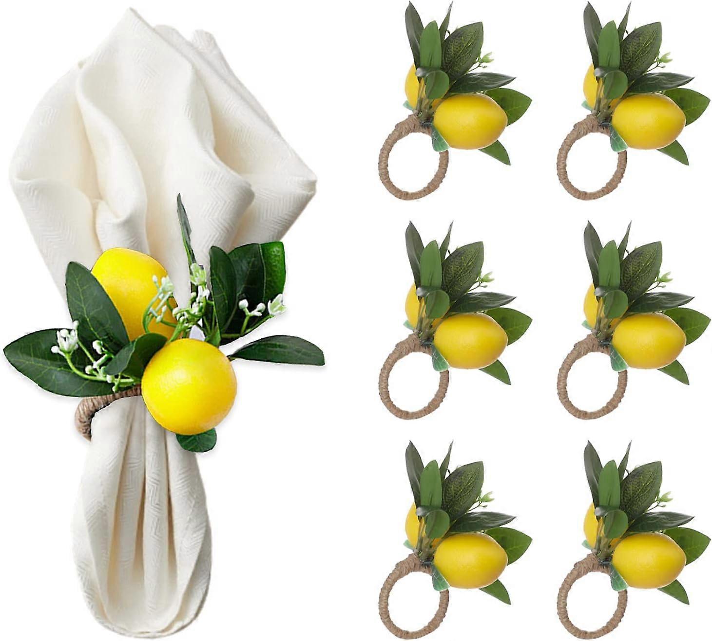 Lemon Napkin Rings Set of 6, Decorative Table Accents for Spring Summer Dinner Parties, Yellow and Green Design