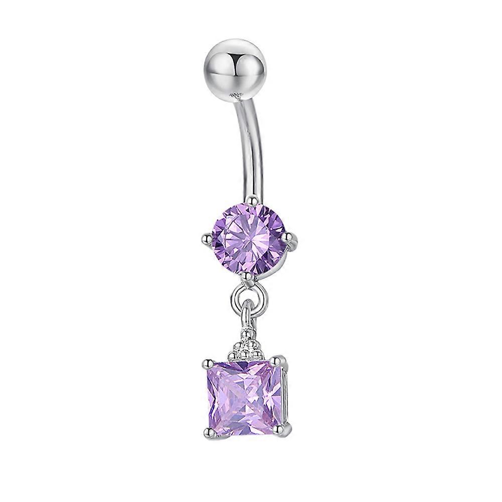 Surgical Belly Button Ring Square Shape Shining Rhinestone Body Piercing Bar(Silver purple)