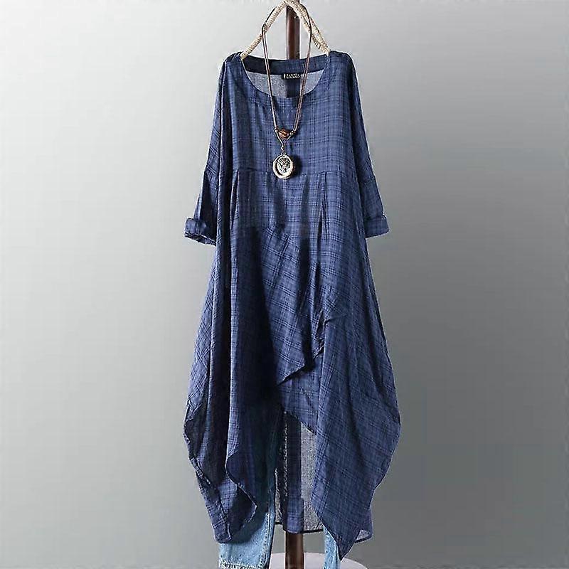 ZANZEA Summer Casual O-neck Long Sleeve Plaid Print Irregular Long Blouse
