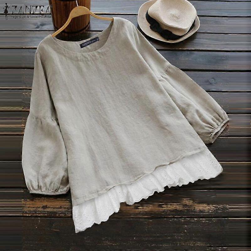 ZANZEA Womens Round Neck Long Sleeve Loose Patchwork Blouse