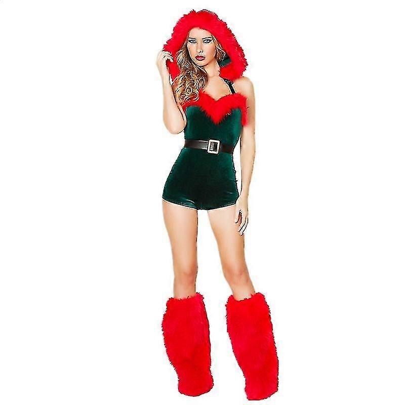 大人 女性 レッドグリーン クリスマス サンタクロースコスチューム コスプレ グリーンエルフ ボディスーツ 帽子付き+レッグウォーマー