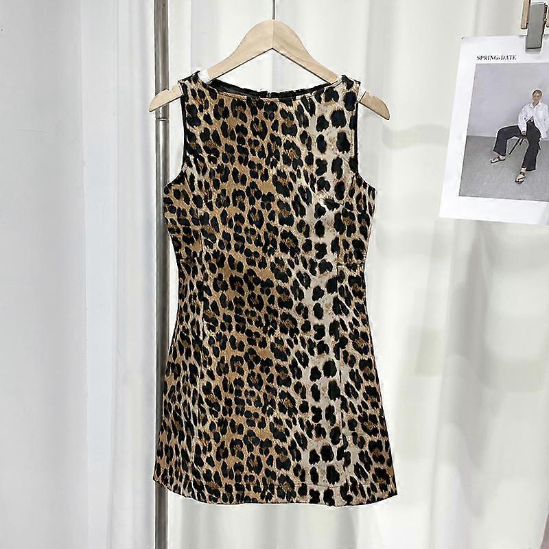 Leopard Print Vintage Slim Sleeveless Hip Package Female Mini Dresses Summer Street Lady Short Robe