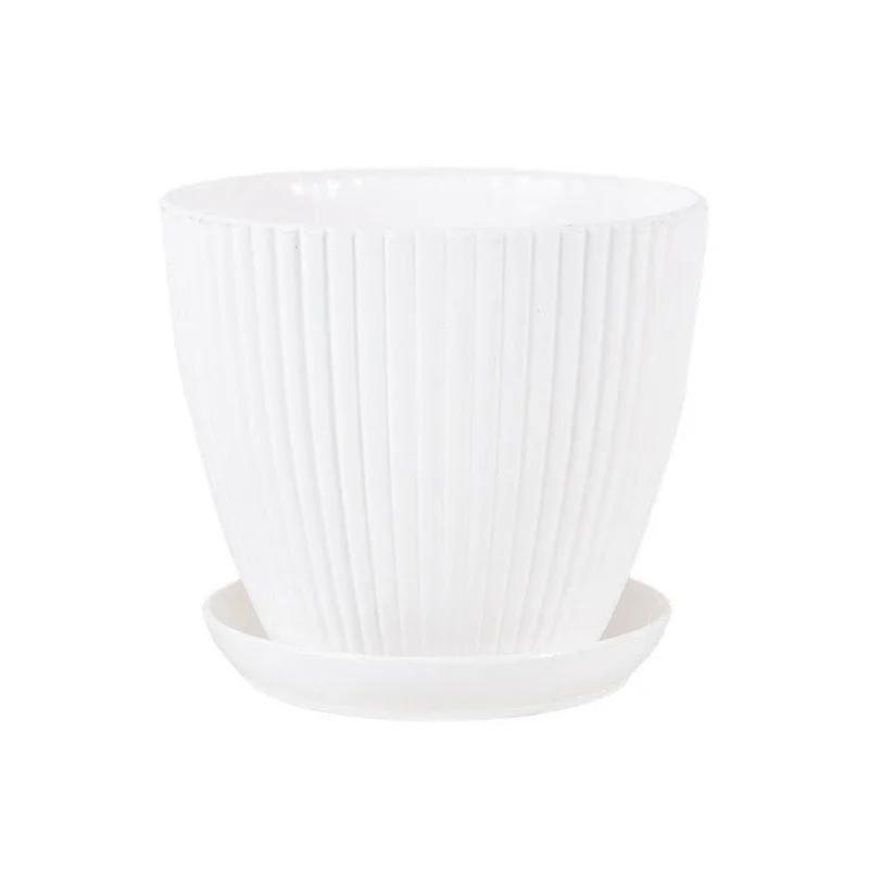 Plastic Flower Pot Succulent Potted Round Pot with Tray Vertical Striped Planters Double Layer Bonsai Home Office Desktop Decor