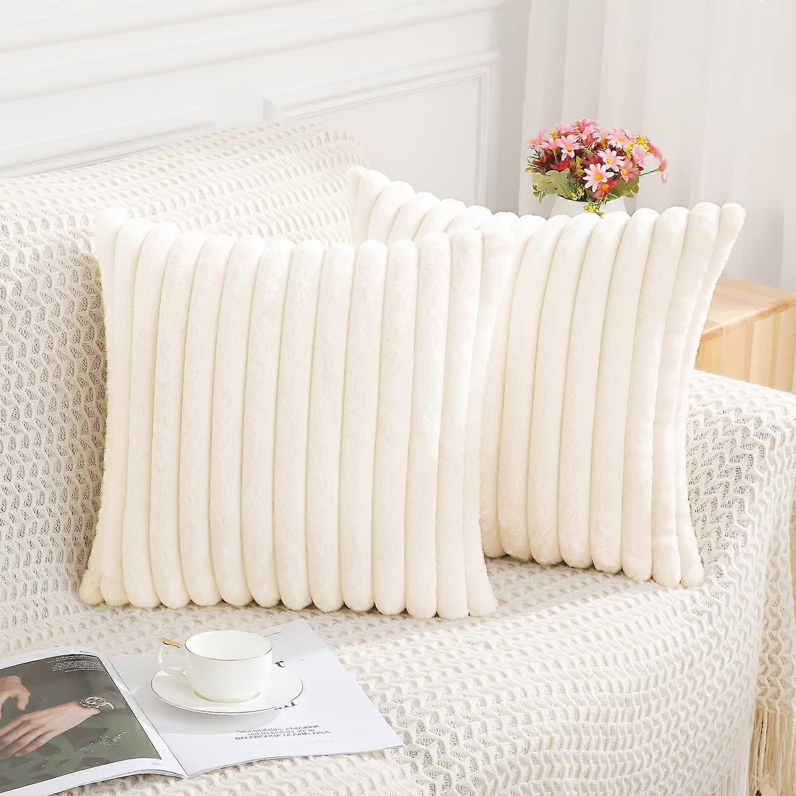 2 Pieces Faux Fur Plush Luxury Soft Fluffy Striped Pillow Covers for Sofa 18x18