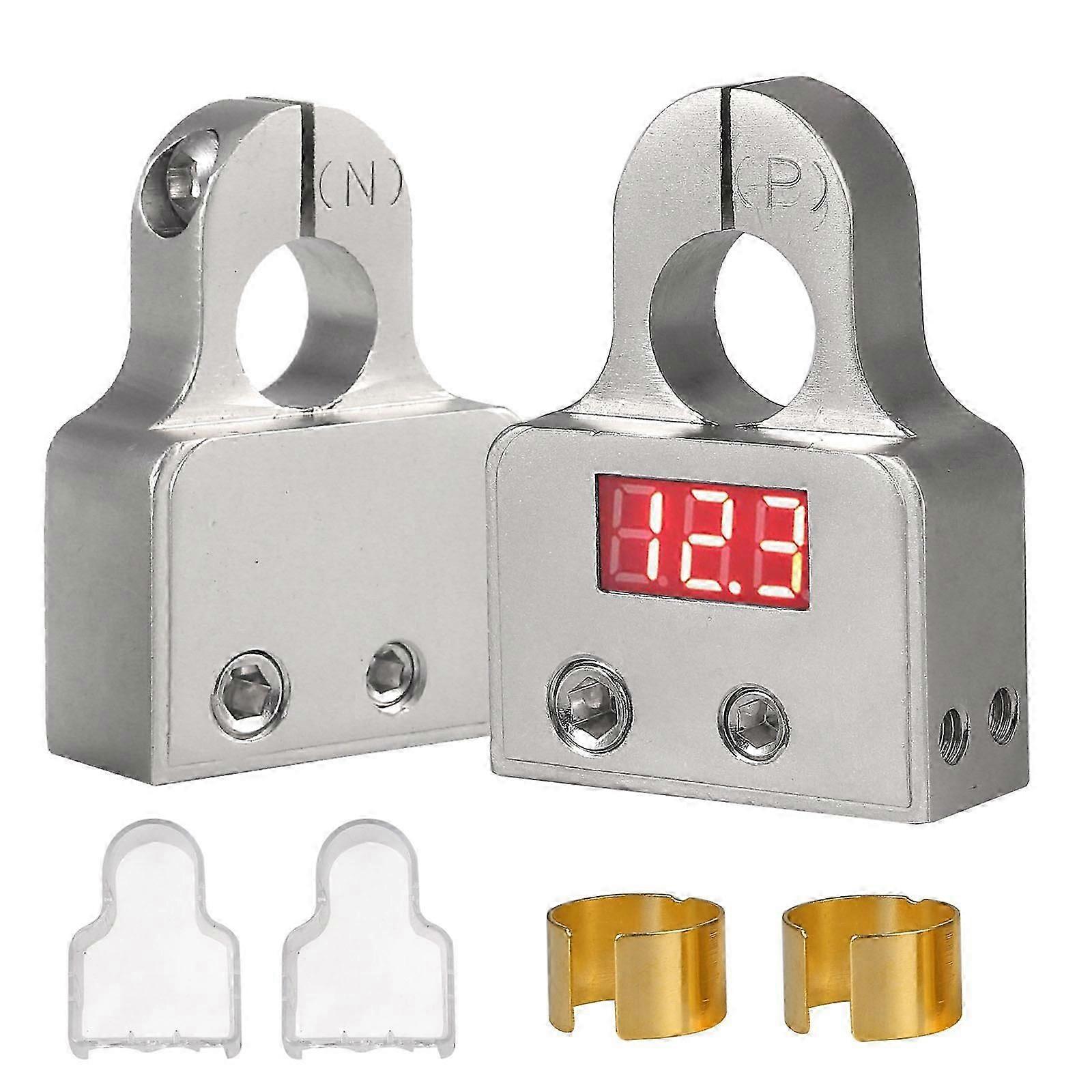 2stk bil batteri terminal stik m / voltmeter, sølv med guldringe