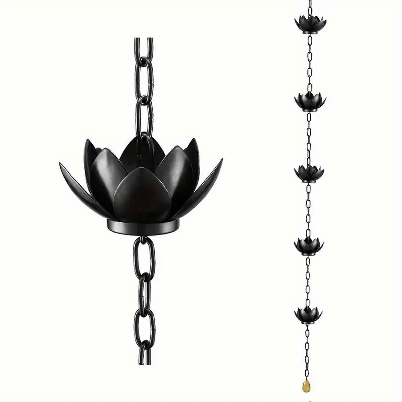 Black rain chain, black plated Lotus cups, decorative gutter downpipe replacement.