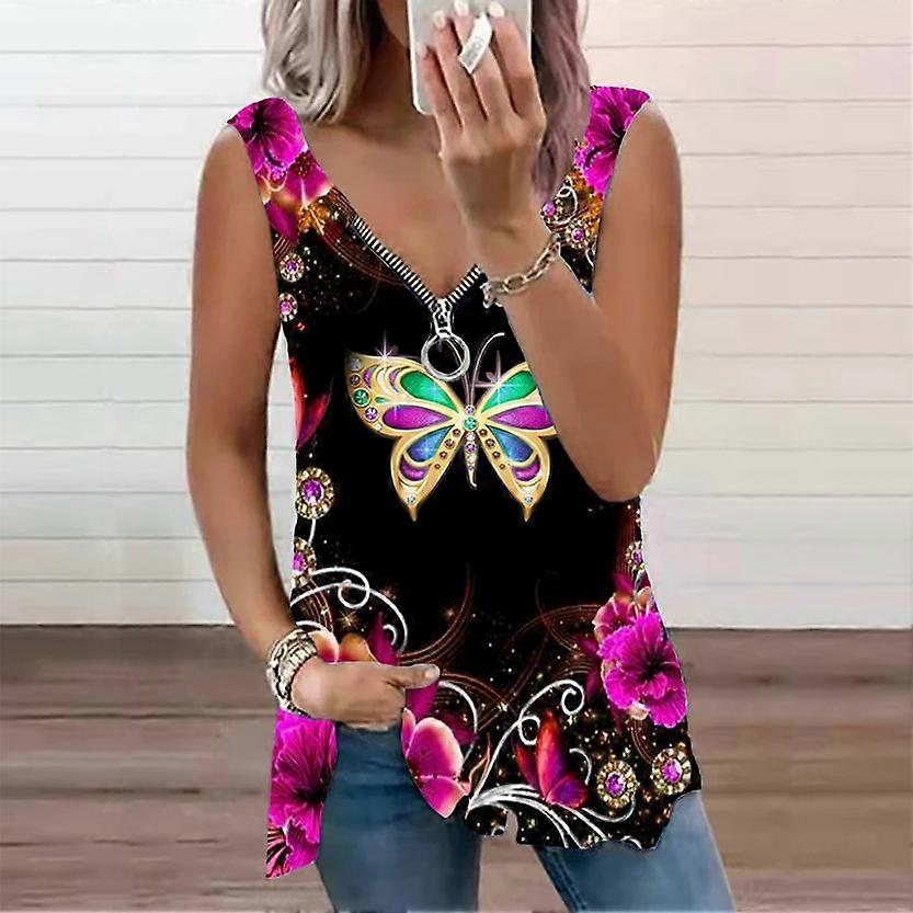 Blusa feminina de verão, nova moda, com estampa de borboletas em jardim, casual, plus size, sem mangas, com zíper e decote em V.