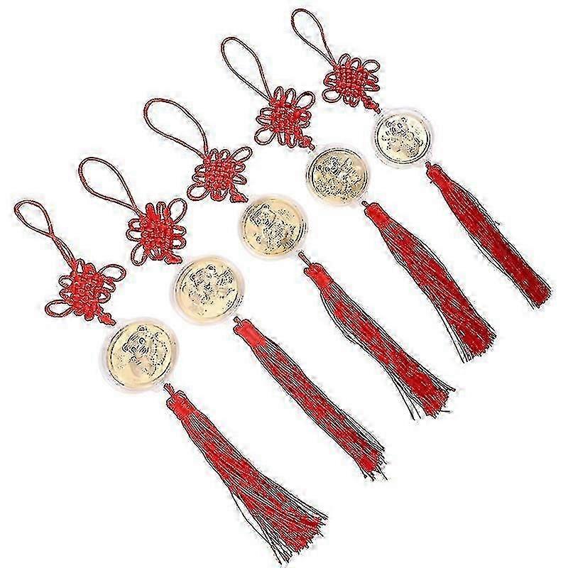 28X4.5cm Colorful Vehicle Rear View Mirror Ornaments 5pcs Year Of Tiger Hanging Coin Pendants Chines