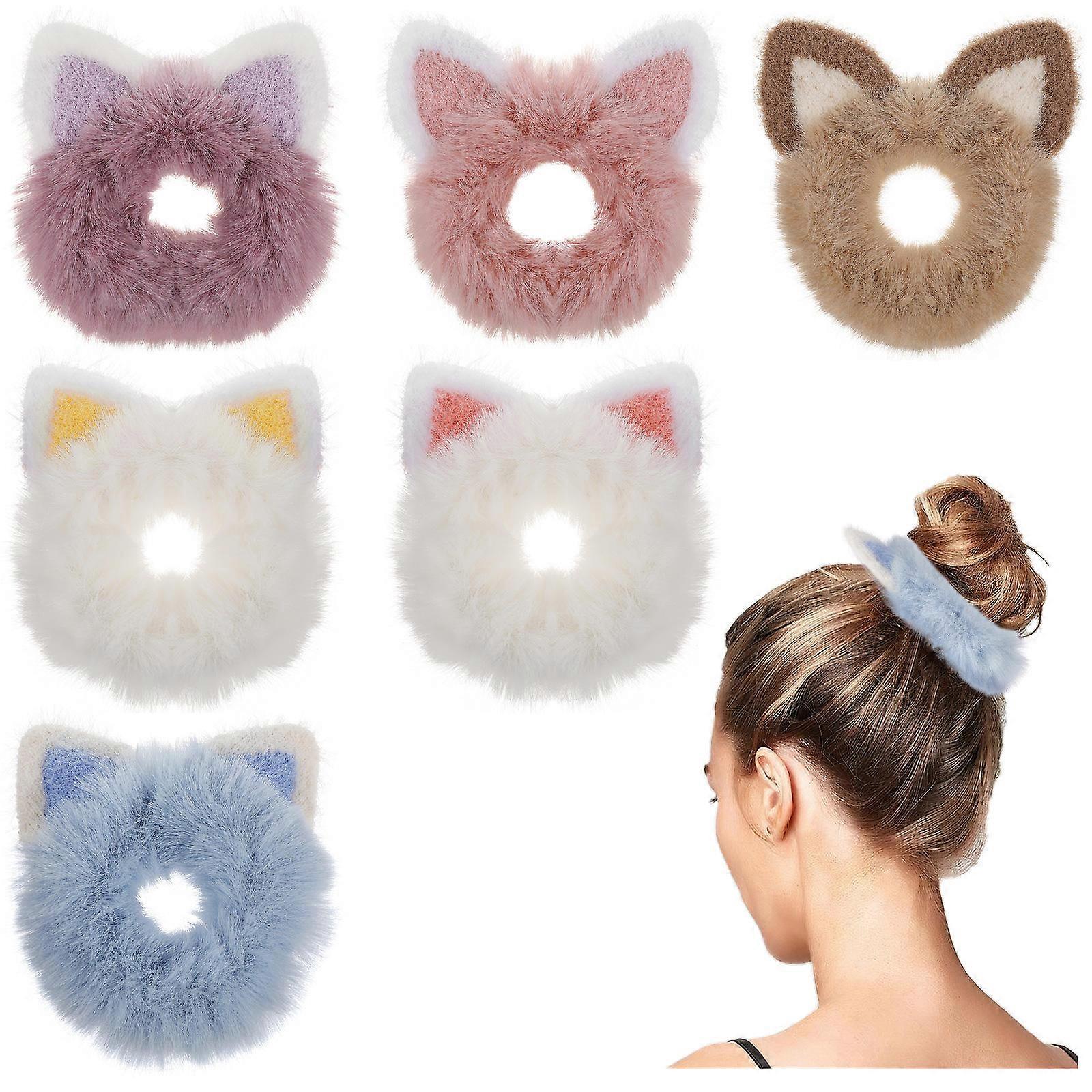 رقيق القط الأذن الشعر Scrunchies 6 قطع عصابات الشعر المرنة لذيل الحصان والكعك والمعصم تصميم لطيف للشعر المجعد والمستقيم دائم ومريح