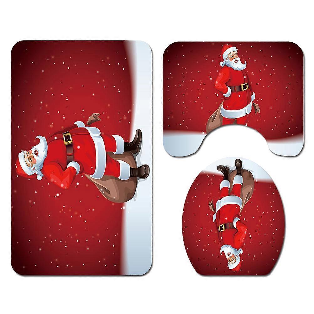 Bathroom Mat Set Anti-Slip Washroom Carpet Red Rectangular Christmas Decor 45*75cm 3-Pcs