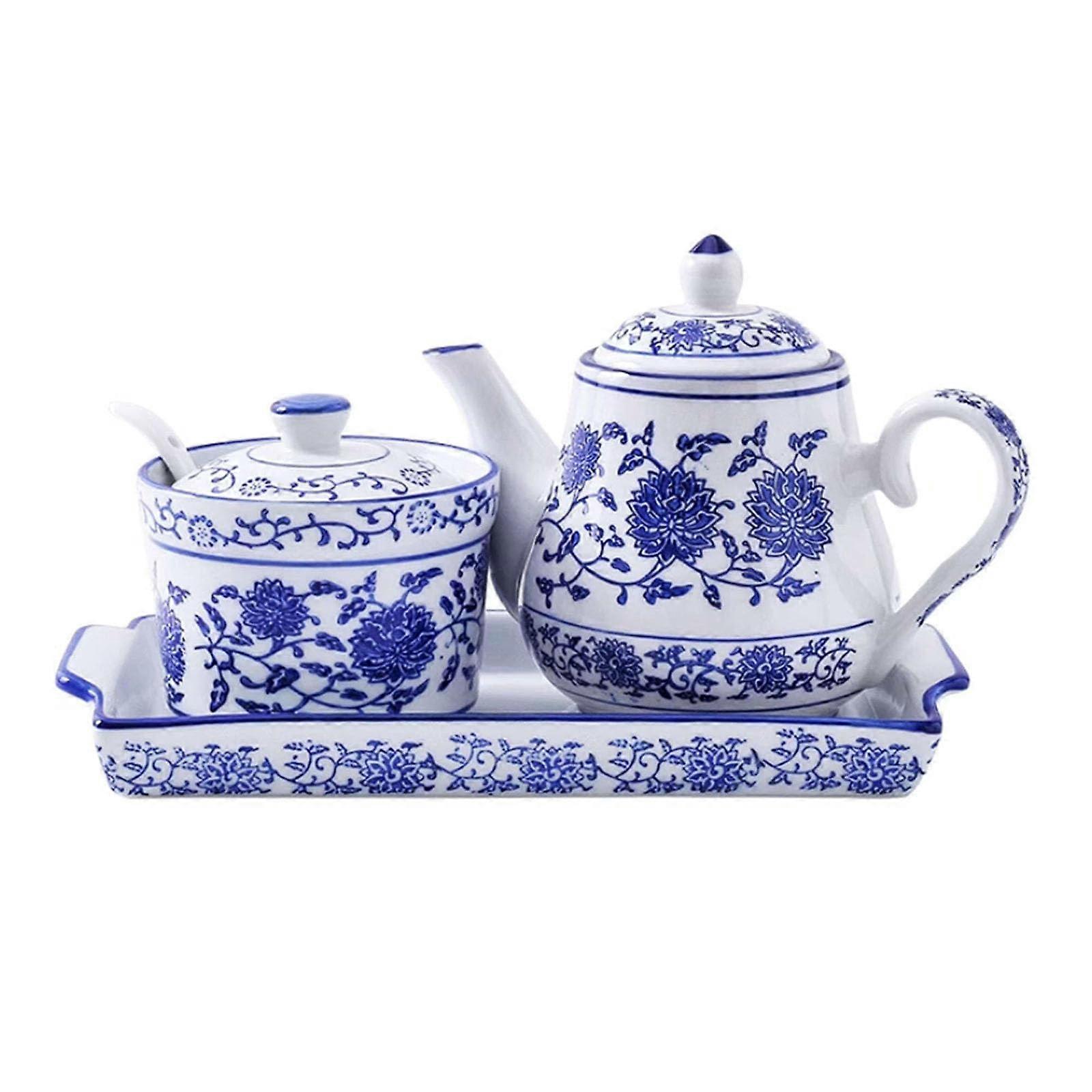 Blue ceramic coffee serving set, milk jug and sugar bowl