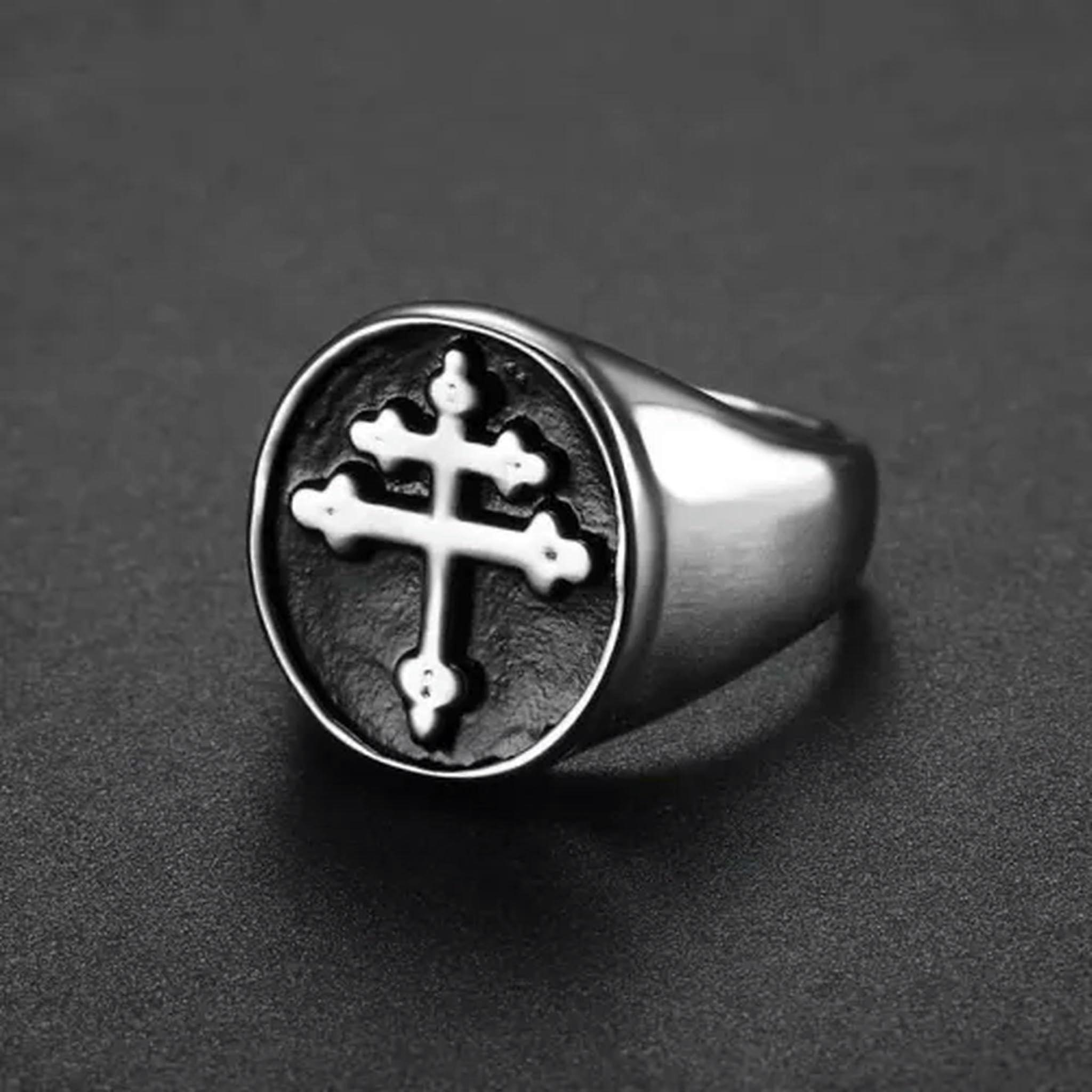 Lorraine Cross Stainless Steel Rings for Women and Men, Size 7–15, Silver/Black, 14 Silver/Black 14