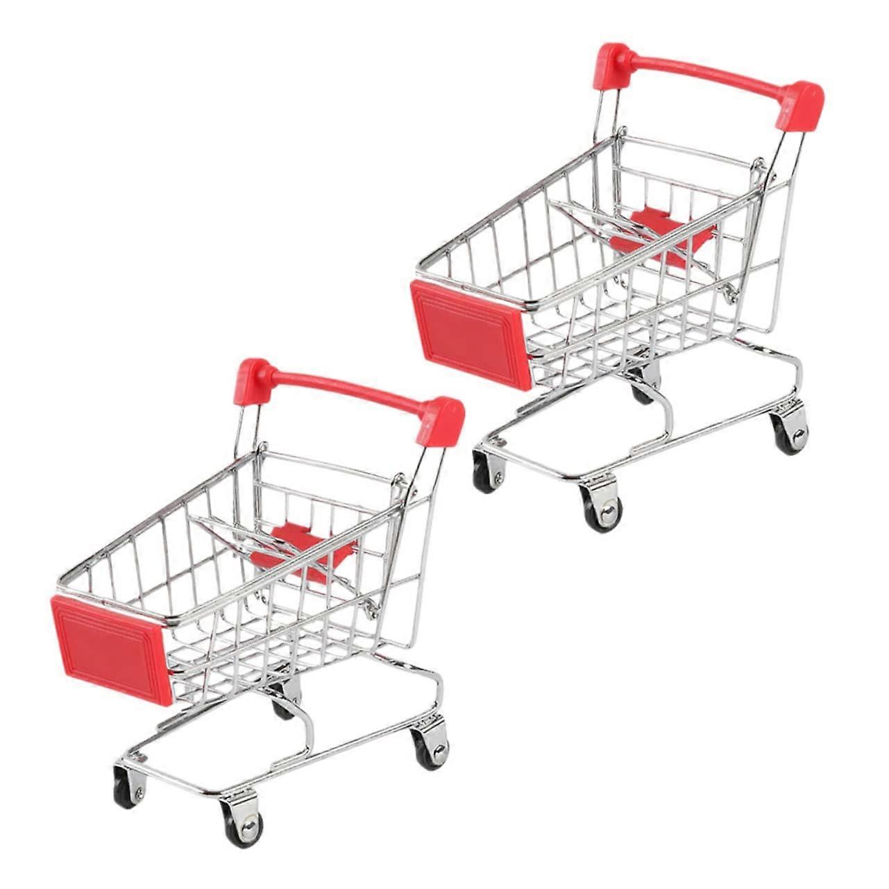 2 Pieces Mini Shopping Cart Red Supermarket Trolley for Storage Decoration in Playroom Office