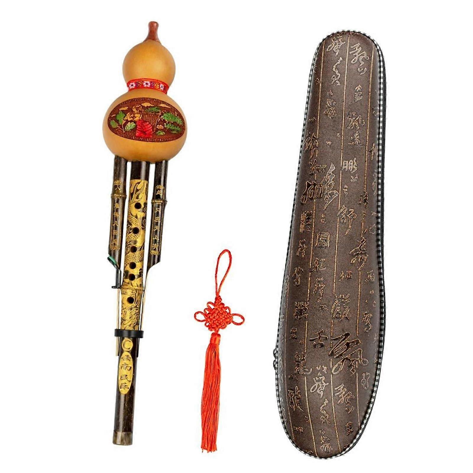 Hulusi Flute Bamboo C Key Chinese Ethnic Pumpkin Flute Handmade Wooden Instrument with Box for Professional Performance