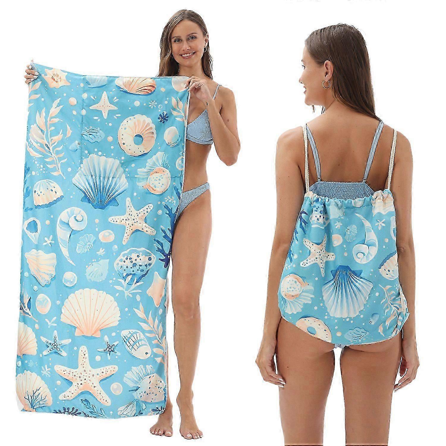Serviette de plage 2-en-1 et sac à dos pliable Serviette de bain imprimée en microfibre ultra-douce, compacte et prête à voyager _ex