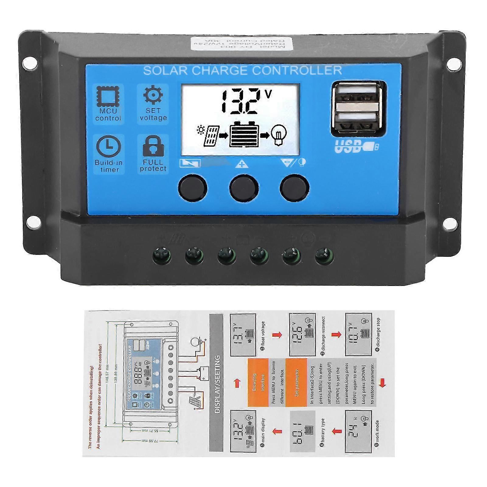 PWM solar controller 30A for 12V/24V systems with automatic identification