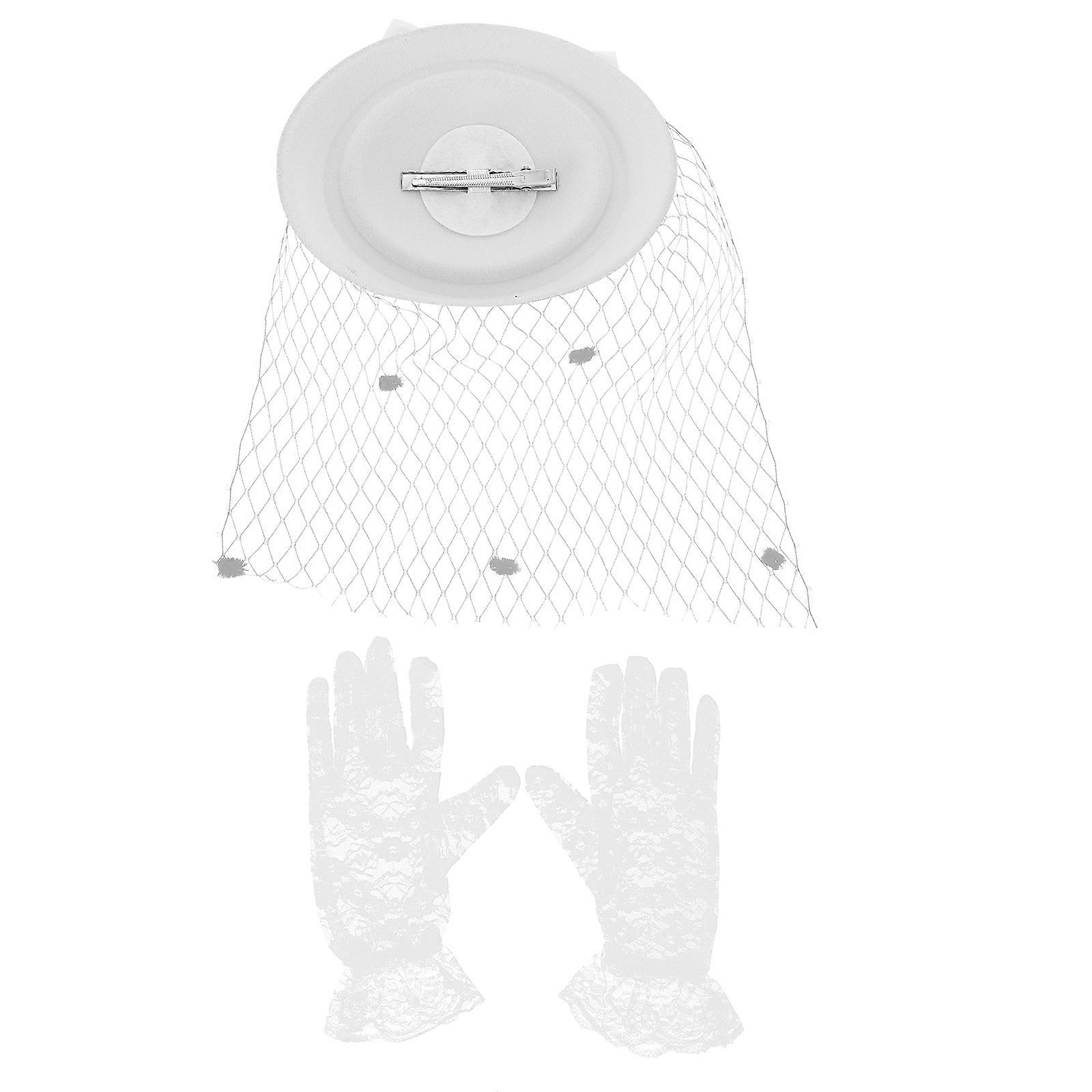 Lace Adorned Gloves with Mesh Veil Hat, Graceful Women's Wardrobe Additions