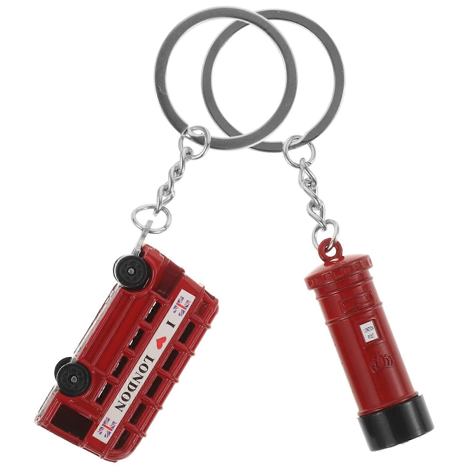 2pcs London Keychain Stylish Key Ring Pendant with Iconic Red Bus & Post Box Design Unisex Bag Charm for Travel Souvenirs and Decorations