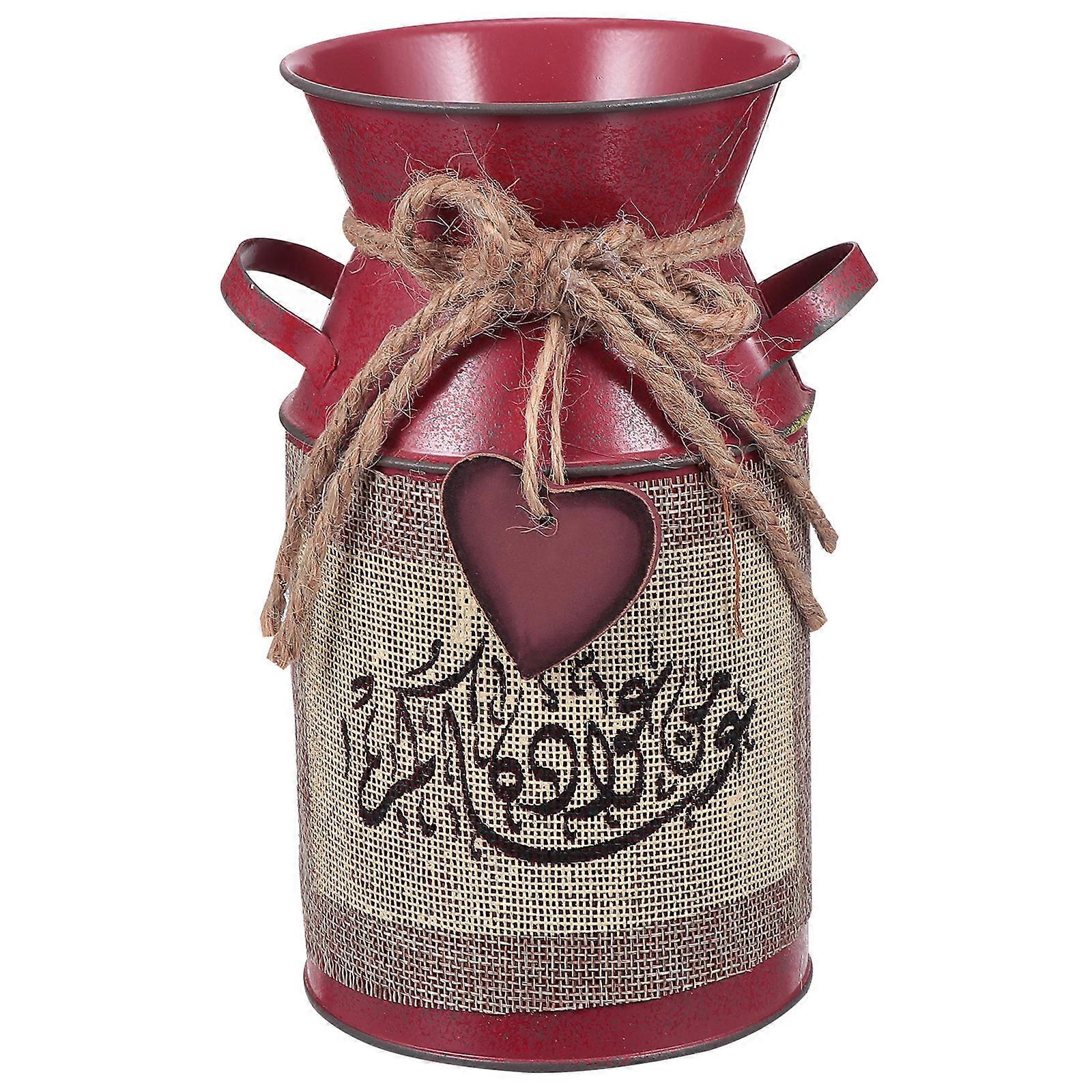 Milk Can Shape Flower Bucket Iron Material Office Garden Decoration Props Red 1Set