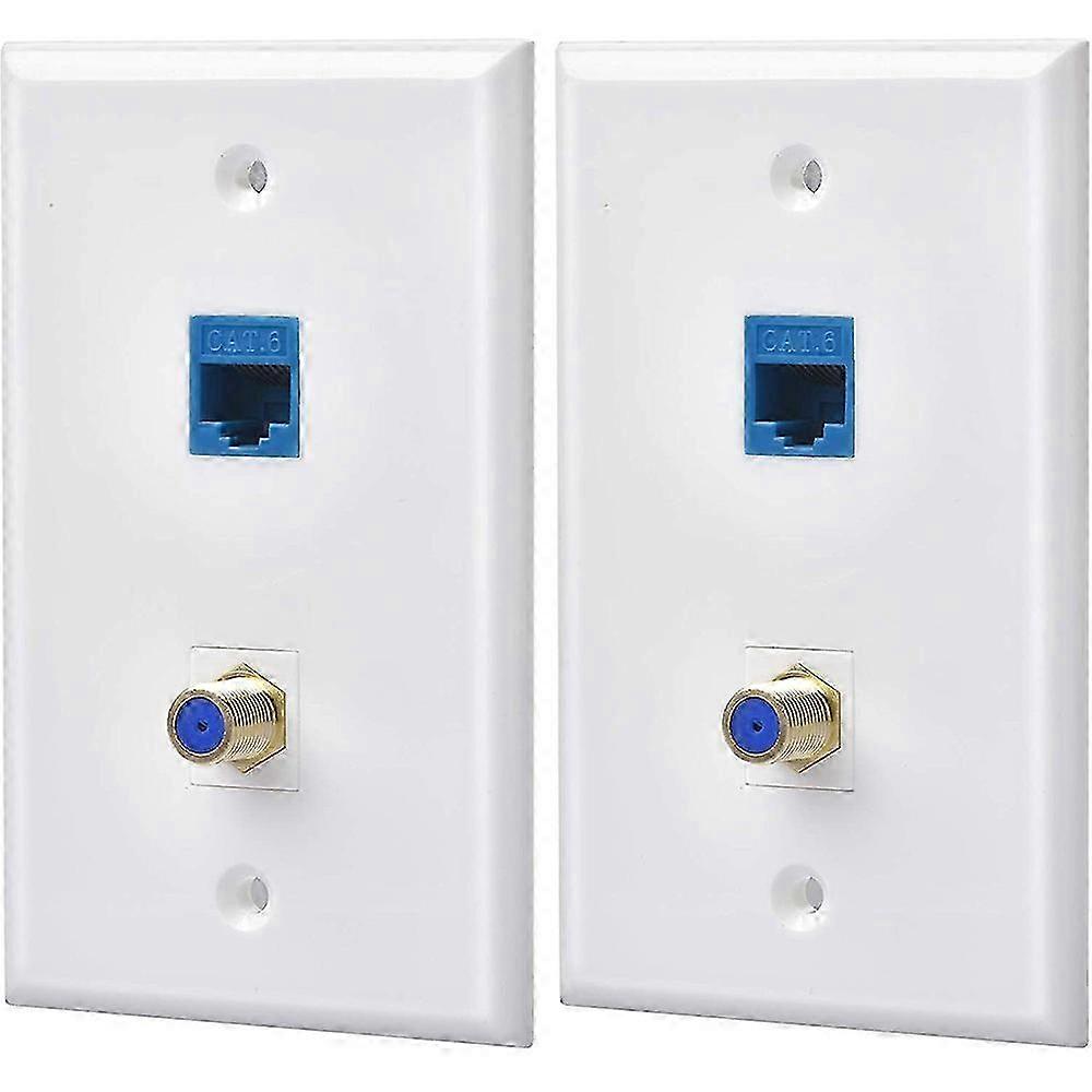 2 Packs Ethernet Coax Wall Plate Outlet with 1 Cat6 Port and 1 Gold-Plated Coax F Type Port RJ45 Wall Plates
