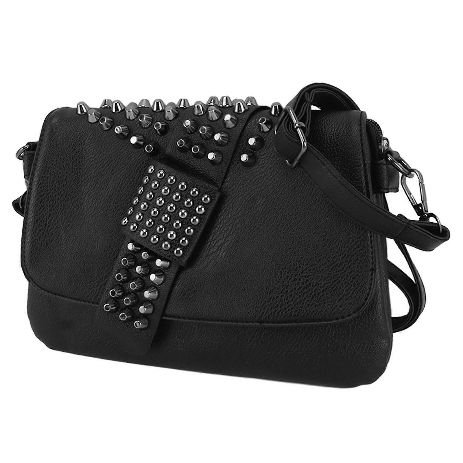 Women's Black PVC Shoulder Messenger Bag with Rivets & Adjustable Strap