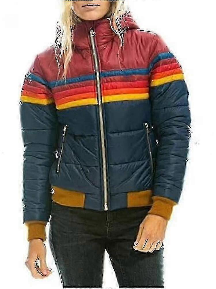 Casaco feminino de inverno com zíper e capuz, listrado, casual, arco-íris