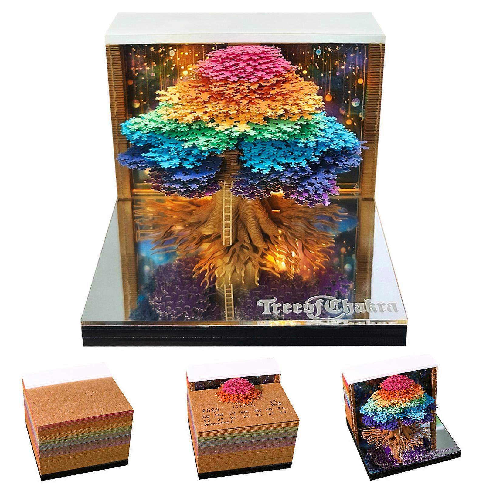 Tree Omoshiroi Block 3D Memo Pad & 2026 Calendar Colorful Tear-Away Notes with LED Lights for School, Home, Office Decor