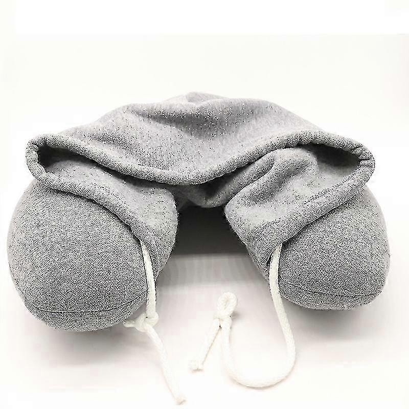 Grey Portable U Shaped Neck Pillow With Drawstring Hood - Grey