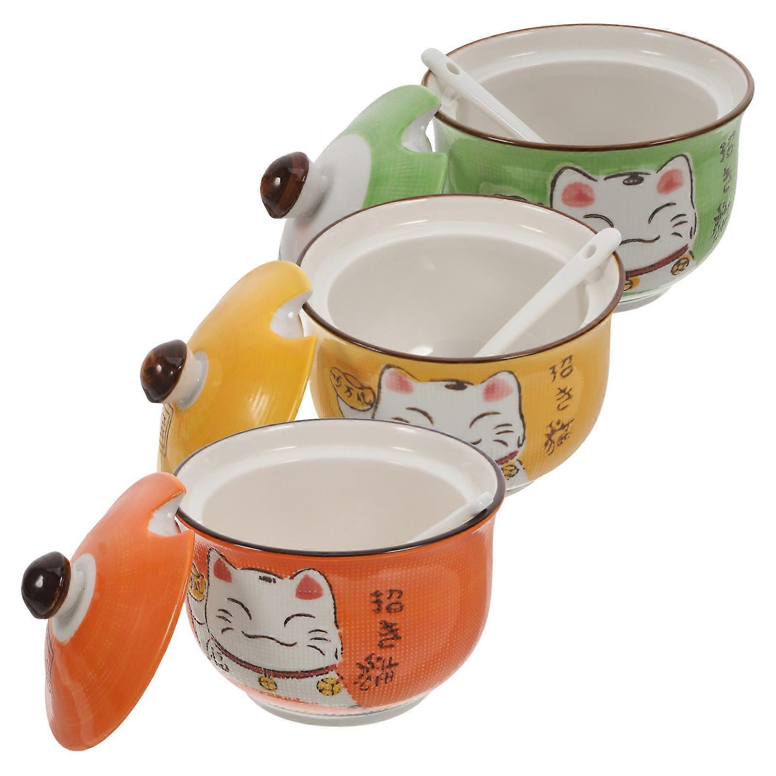 Lucky Cat Ceramic Spice Jars for Kitchen 3Pcs Condiment Container Set
