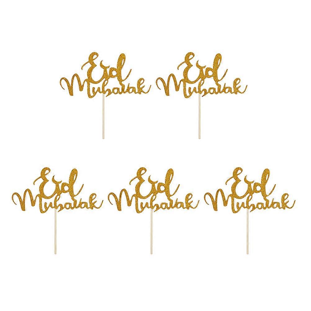 Golden Cupcake Pick Eid Mubarak for Cake Decoration 5Pcs Pack
