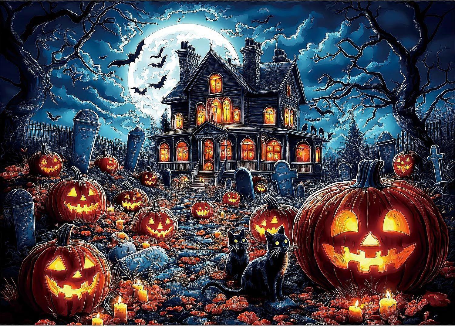Halloween-Spukhaus-Puzzle für Erwachsene – Gruselige Friedhofsszene in der Nacht, anspruchsvolles Puzzle für Erwachsene und Jugendliche – Premium-Qualität mit Referenz