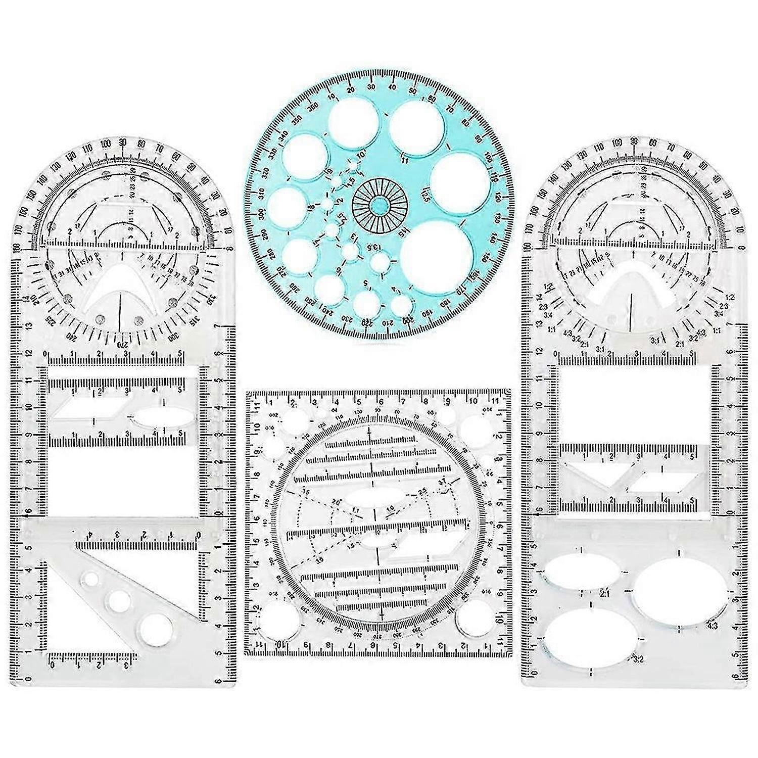 4 Pcs Multifunctional Geometric Ruler Drawing Tools Plastic Ruler Set Mathematics Measuring Circle D