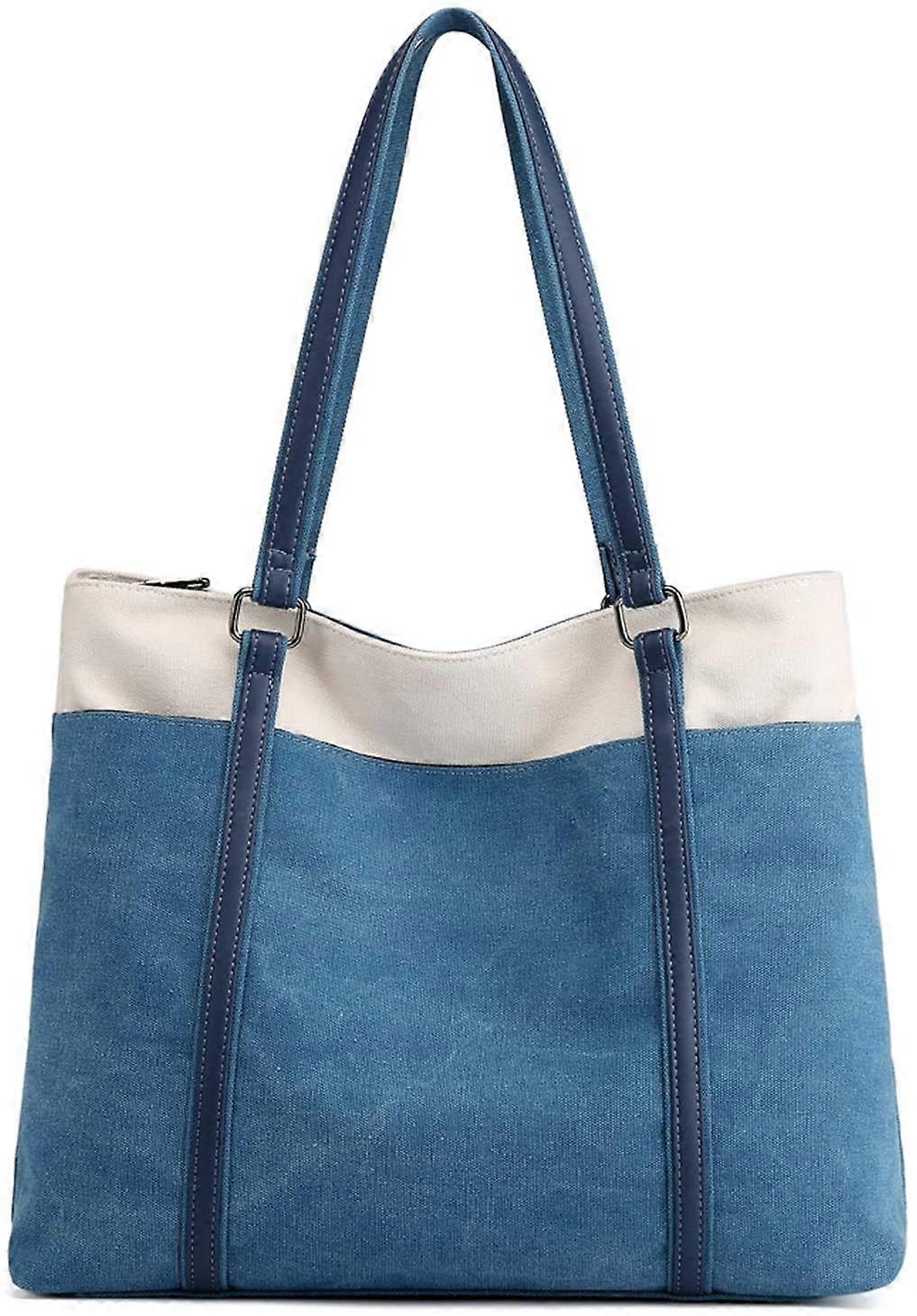 Tote Bag For Women Large Canvas Shoulder Bag Travel Work Handbag With Multi Pockets Blue