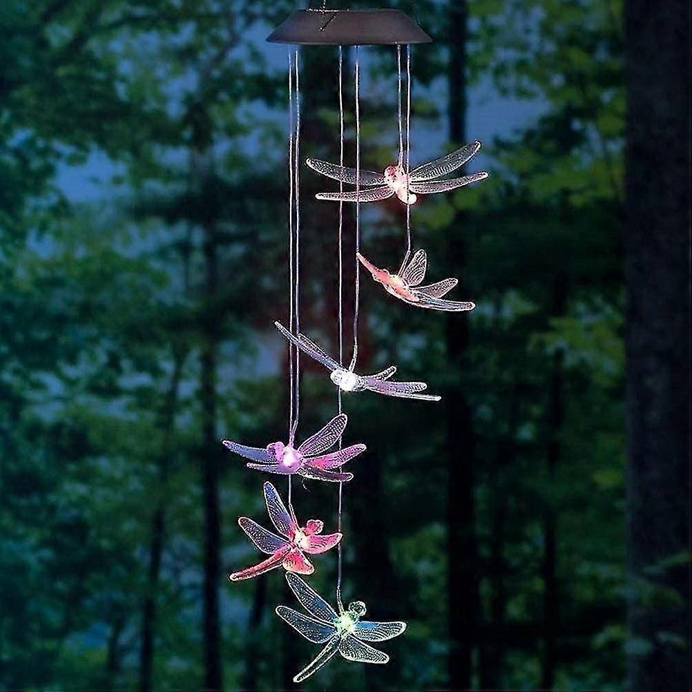 Solar Wind Chime Dragonfly Mobile Led Light Color Changing Compatible With Yard Garde
