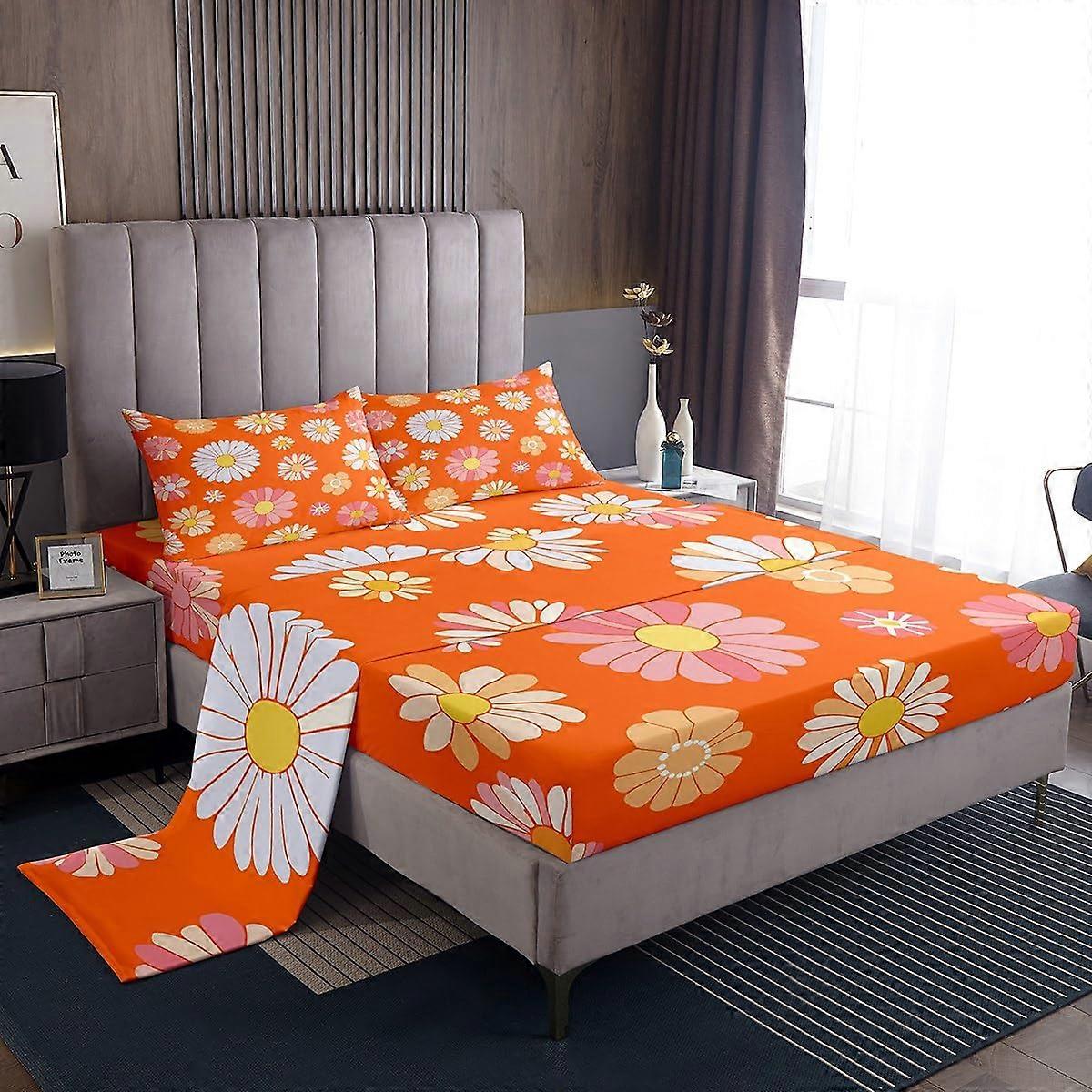 60S 70S Groovy Sheet Set Retro Hippie Flower Bedding Deep Pocket Twin Size 4Piece Orange Botanical Blossom