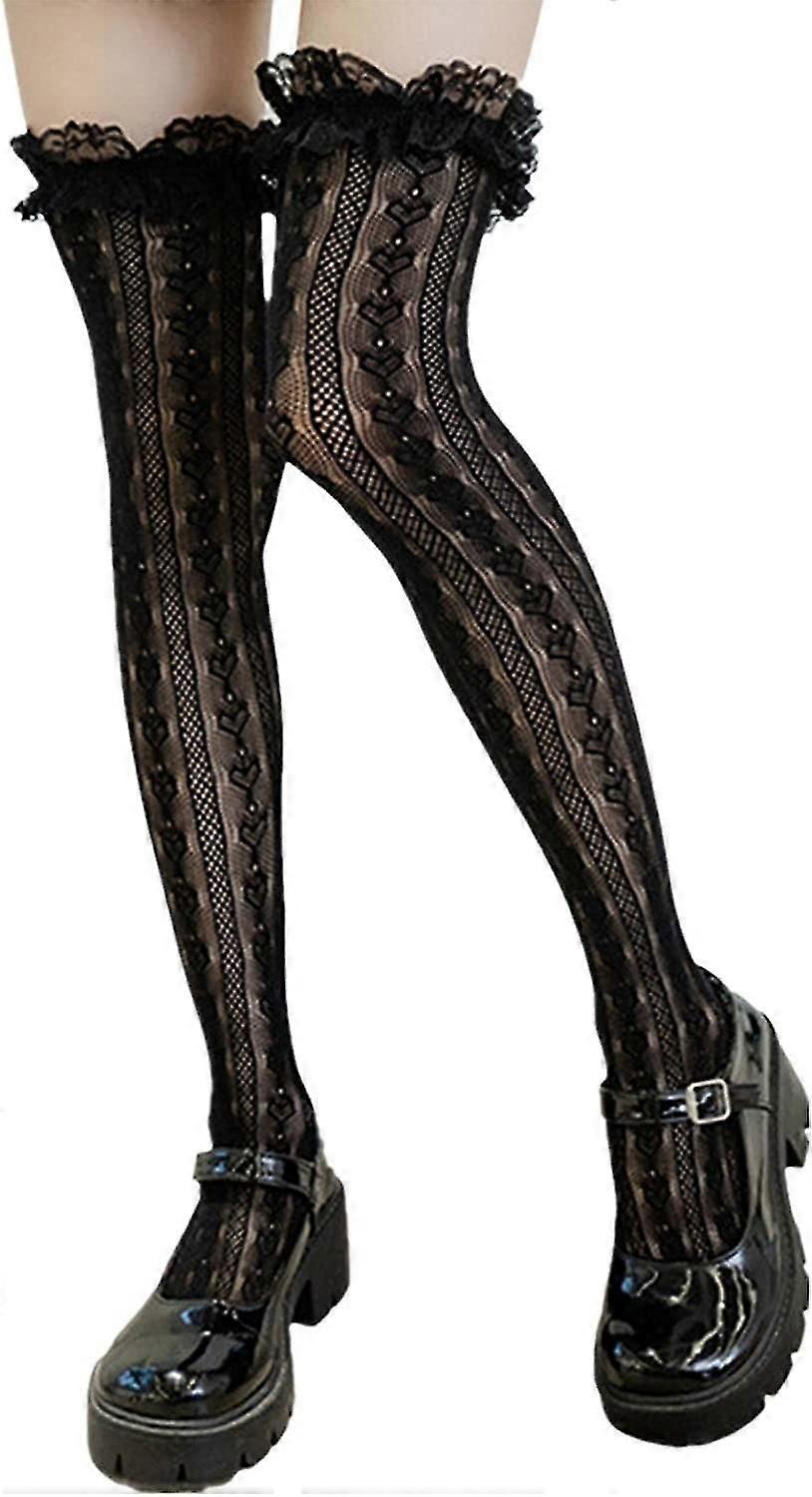 Yolev Lolita Kniekousen voor dames, zwart, strikken, katoenen sokken met strik, Lolita-sokken, ademende overknee-sokken voor meisjes en vrouwen, voor dagelijks dragen, school, date, dans, feest