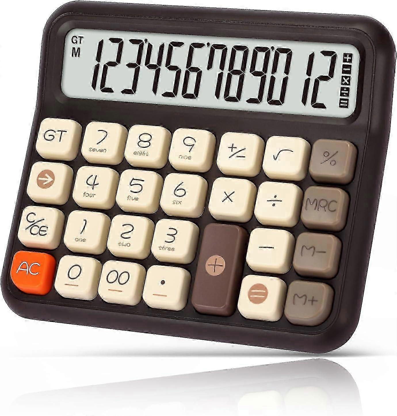 Desk Calculator 12 Digit, Retro Cute Basic Calculator with Extra Large LCD Display and Buttons Brown