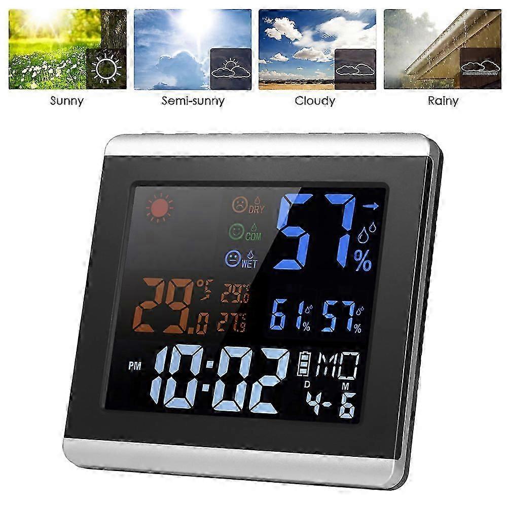 Indoor Digital Color Thermometer Hygrometer Clock LCD Temperature Humidity Meter Alarm Snooze Function Calendar Weather Forecast Display