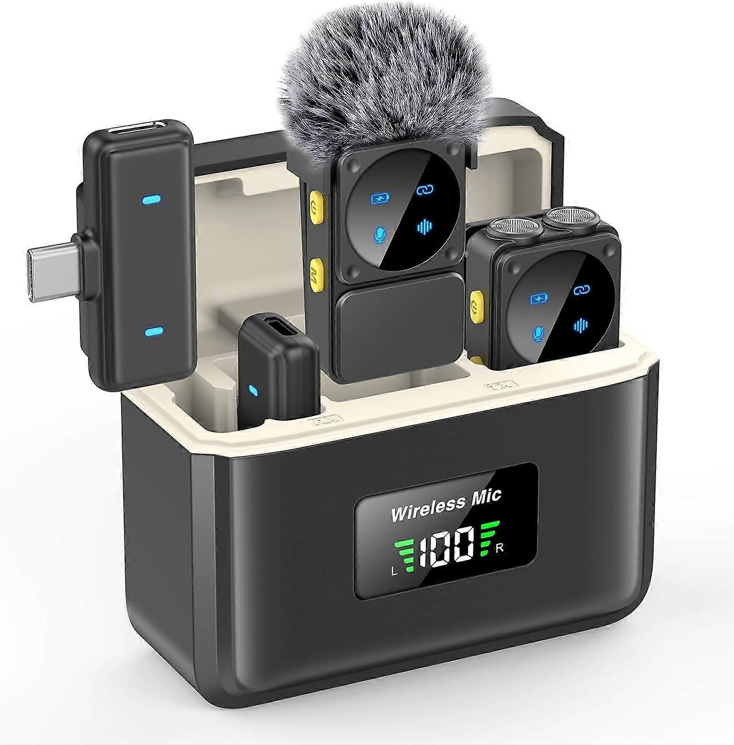 Mini Wireless Lavalier Microphone with Lightning/USB-C Plug, 80H Work Time Noise Reduction Lapel Mic