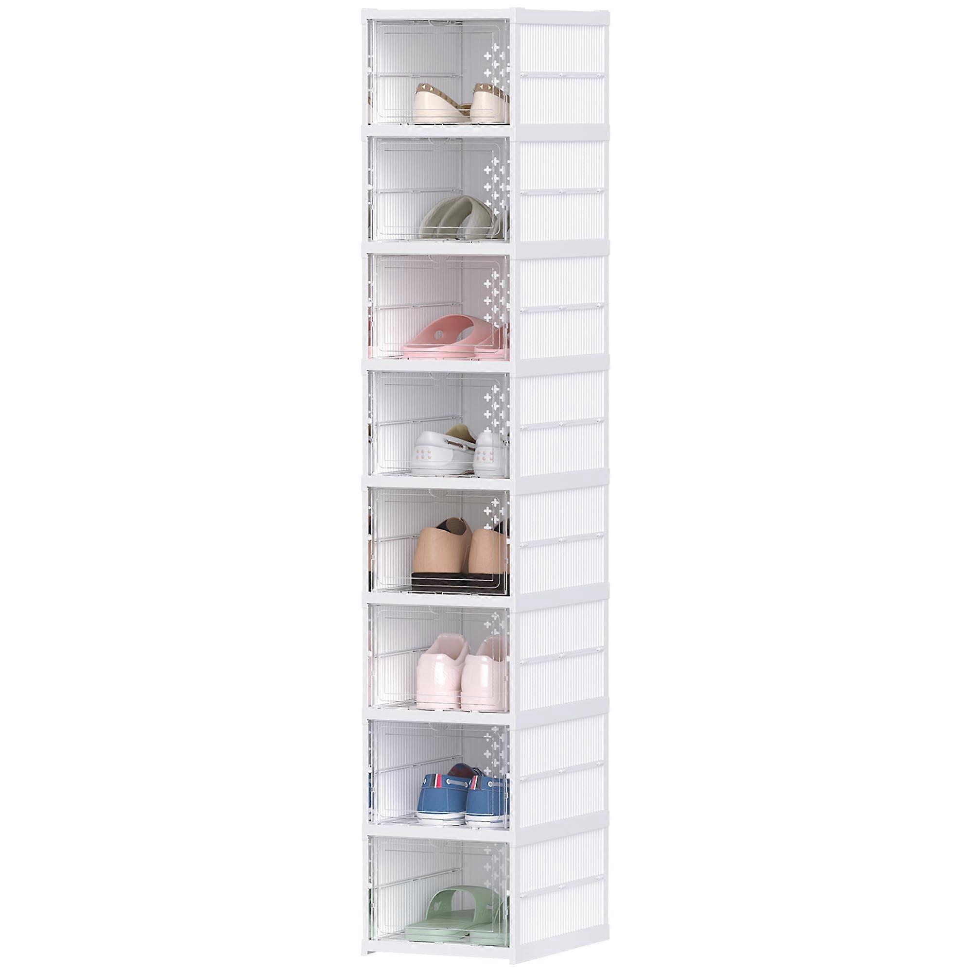 8 Tier Shoe Rack with Doors, Collapsible Clear Shoe Storage Boxes for Small Spaces and Narrow Entryways