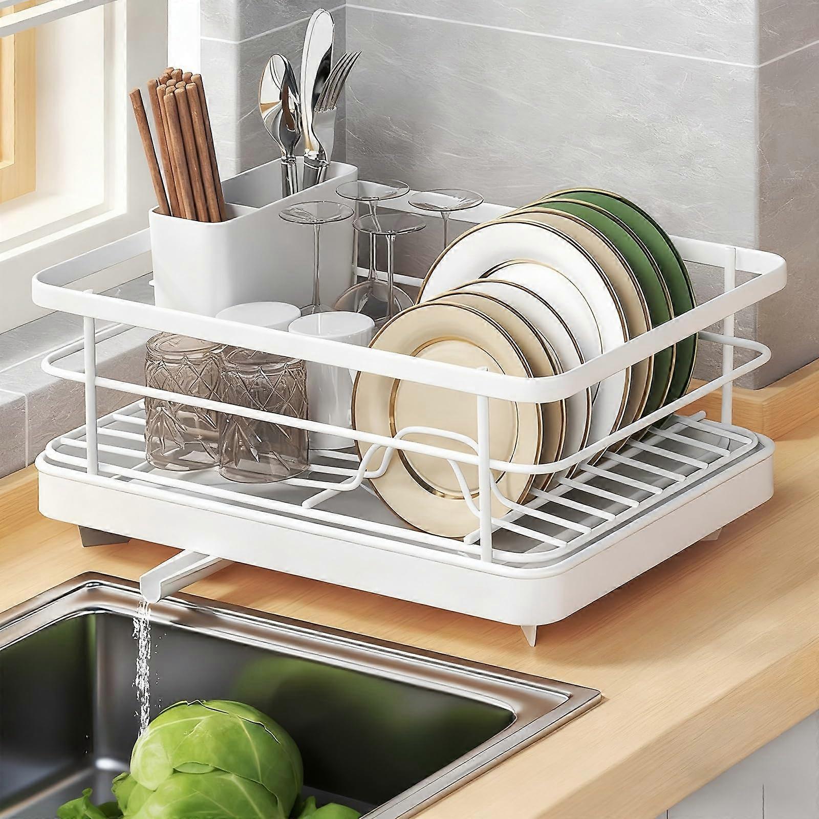 Large Capacity Stainless Steel Dish Drying Rack with 360° Rotatable Drain and Utensil Holder, White