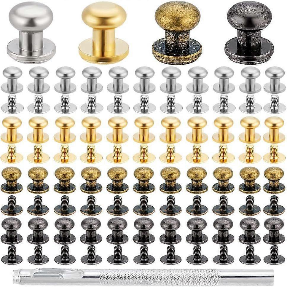 64 Sets 4 Colors Brass Cabinet Drawer Pull Handle Jewelry Box Knob Button Studs Set Includes Iron Screws and 1 High Carbon Steel Puncher for DIY Leath
